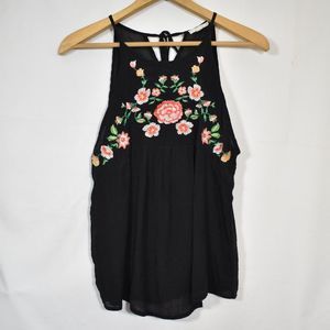 Floral Embroidered Black Tank Medium